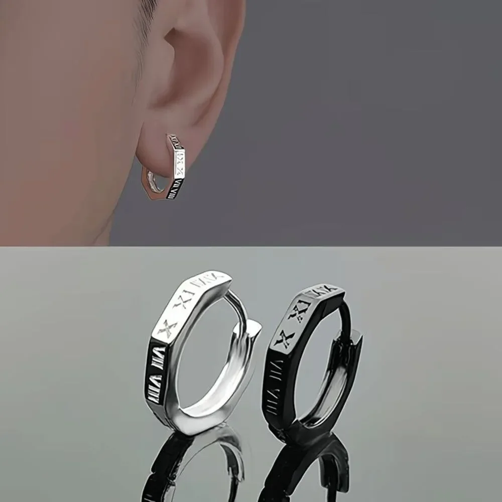 Roman Numeral Stainless Steel Men's Unisex Hoop Earrings